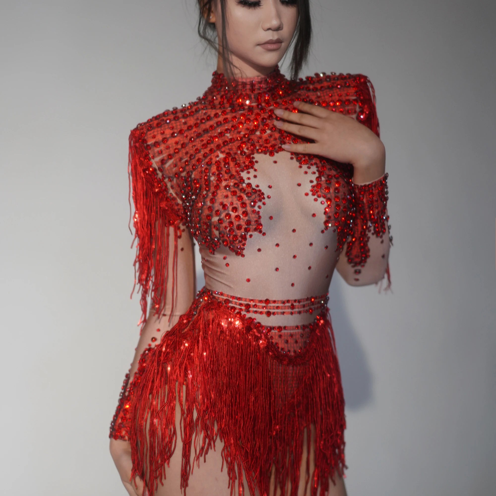 2025 New Arrival Sparkly Rhinestone Sequin Tassel Stretch Bodysuits Women Birthday Party Nightclub Dj Stage Performance Costume