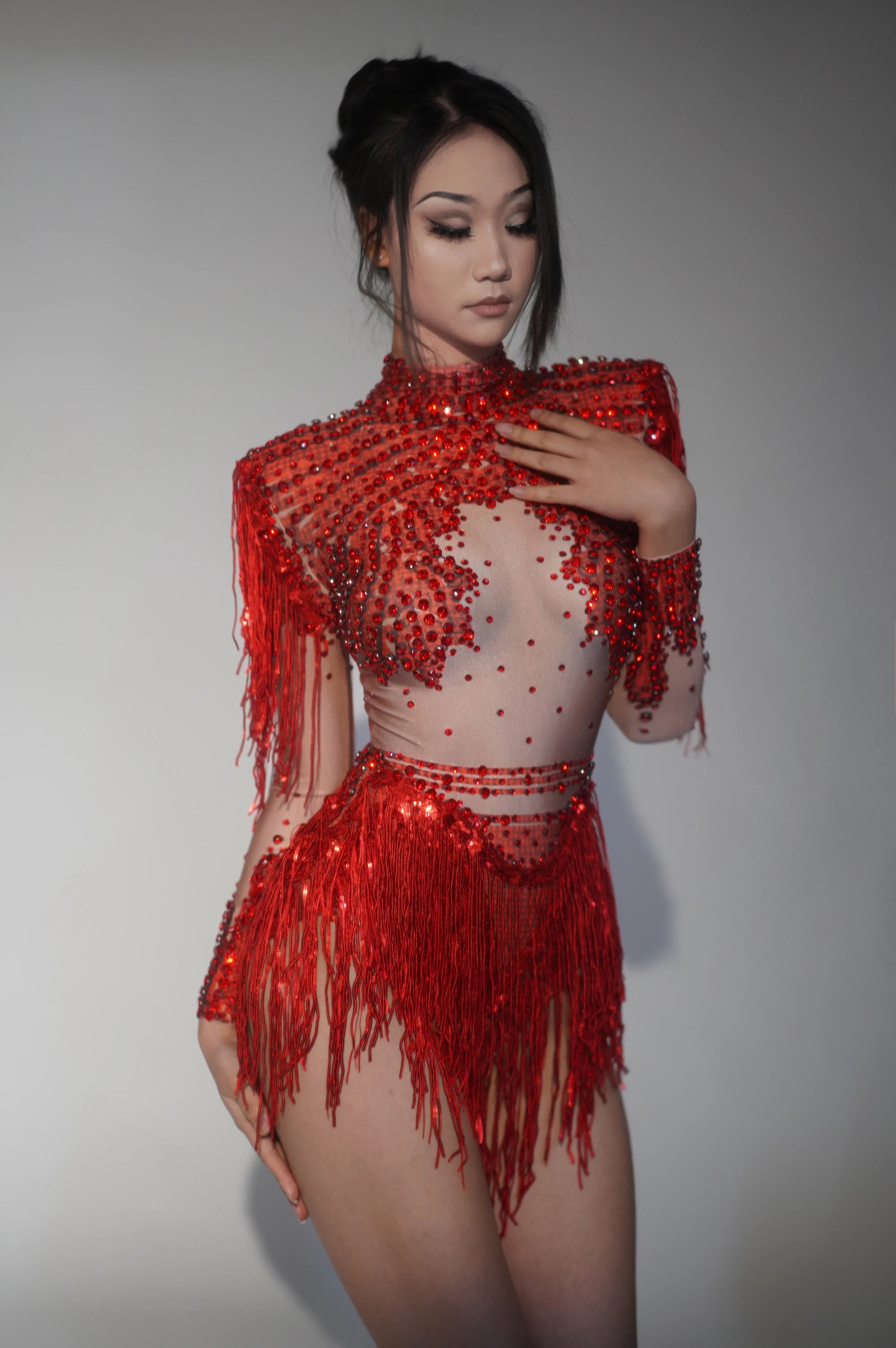 2025 New Arrival Sparkly Rhinestone Sequin Tassel Stretch Bodysuits Women Birthday Party Nightclub Dj Stage Performance Costume