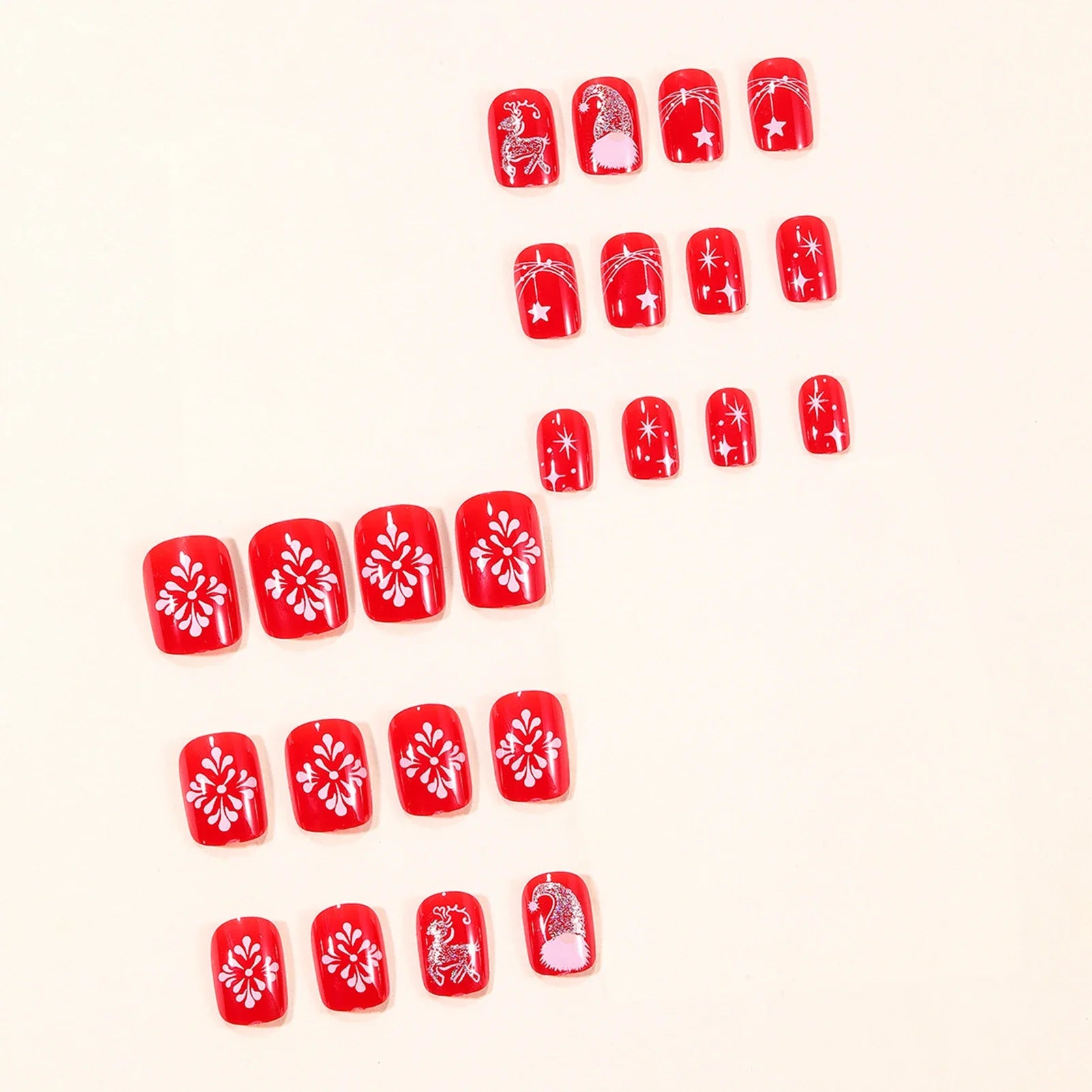 Short Square Press On Nails for Christmas Party, 24Pcs Red Fake Nails Deer/Snowflake/Star Printed Wearable Fake Nails Art