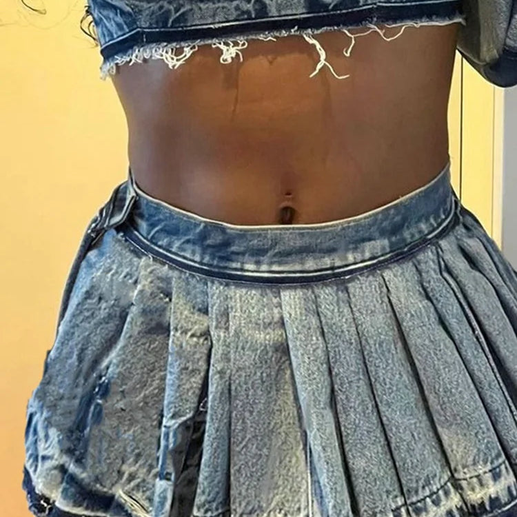 Weird Puss Pleated Denim Skirts Women Summer Trend Vintage Y2K Fashion Wild Streetwear Casual Hipster A-Line Skirt Bottoms