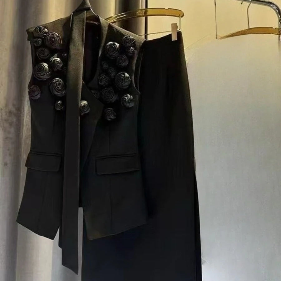 TWOTWINSTYLE Solid Spliced Applique Two Piece Sets for Women V Neck Sleeveless Patchwork Lace Up Top High Waist Skirt Set Female