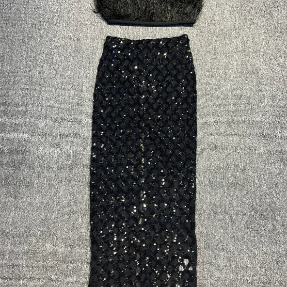 Europe And The United States Sexy New Fashion Wrap Chest Feather Decoration Split Shoulder Bare Backpack Hip Skirt Sexy Color