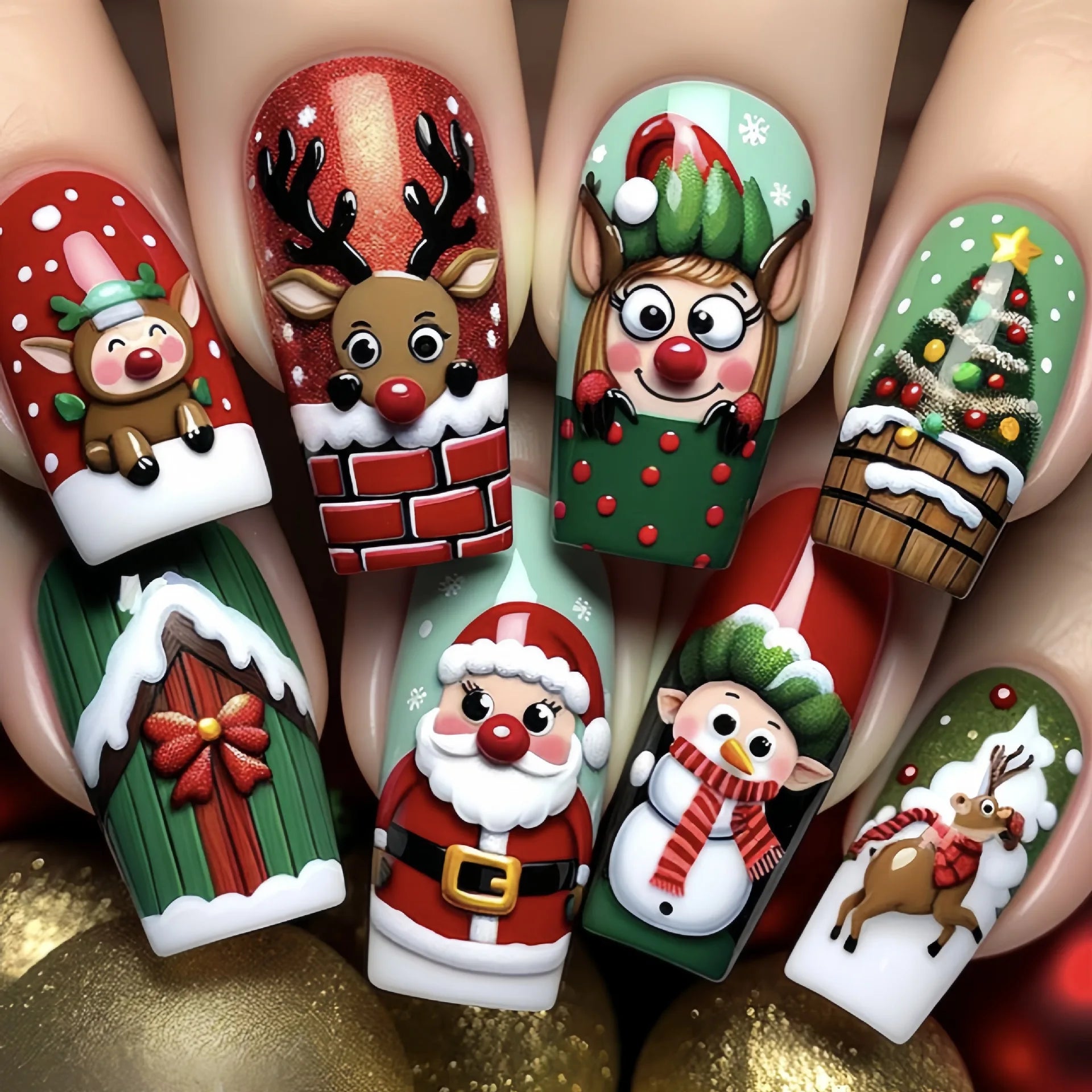 24pcs/set short fake nails for Christmas Square ballet winter false nail tips snow flakes christmas tree snowman press on nails
