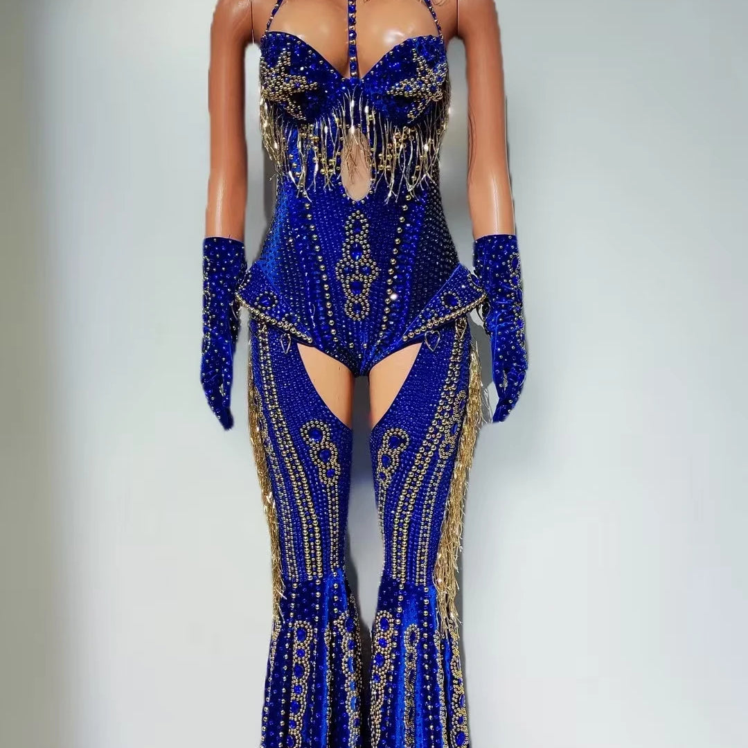 Women Sparkly Rhinestone Bodysuit 4Pieces Set Night Party Cowboy Show Outfit Cabaret Carnival Showgirl Sexy Jumpsuit Hongding