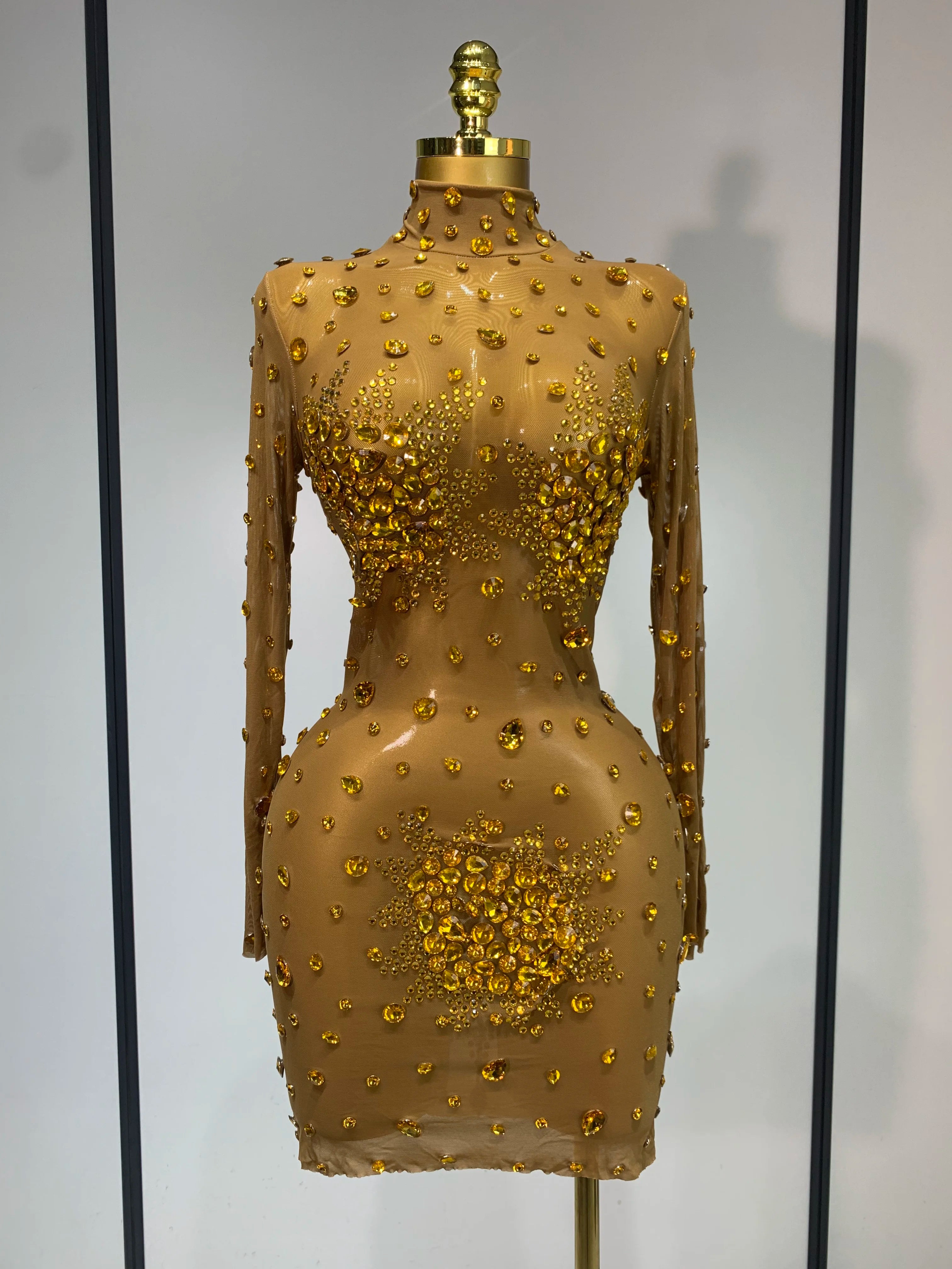 Women Sexy Gold Rhinestones Sparkly See Through Mini Dress Evening Party Fashion Performance Stage Outfit Luxury Birthday Dress