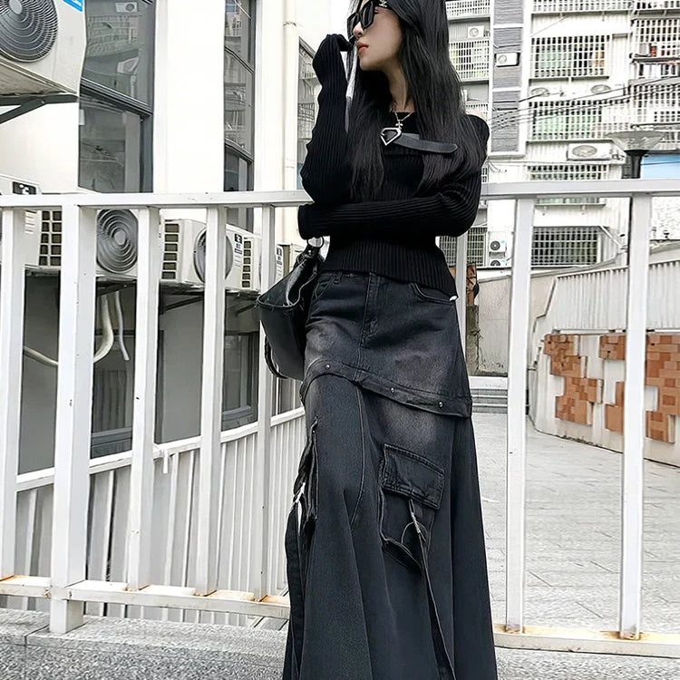High Quality Black Denim Skirt Thin Office Lady Vintage Fashion Pockets Autumn Winter High Waist A-Line Skirt New Design Gothic