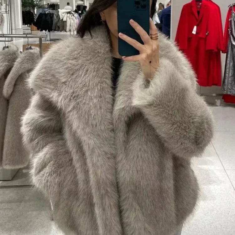 Women's Faux Fur Cropped Jacket Coat Autumn Winter New Lapel Long Sleeve Thick Warm Soft Jacket Female Chic Warm Outerwear