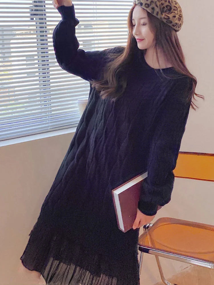 Dresses for Women Korean Oversized Sweater Women Maxi Dress O-Neck Elegant Commute Party Fashion Women's Wear Knit Dress black