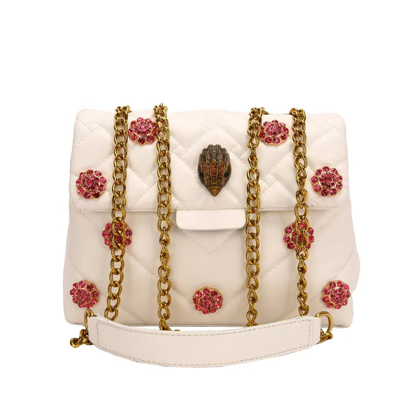 Summer Eagle Head Chain Crossbody Bags for Women UK Brand Designer Fashion Trend Handbag PU Shoulder Bag Diamond Flower Bag WHITE 23X17X7CM