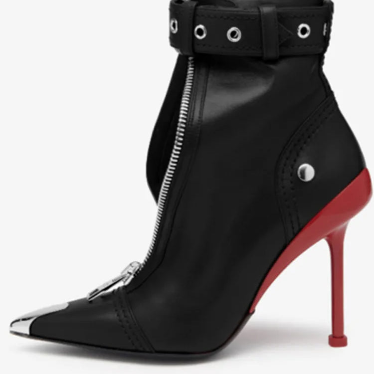 Women's Autumn and Winter New High Heel Ankle Boots Fashion Pointed Zipper Belt Buckle Women's Boots Large Short Boot Black and red heels
