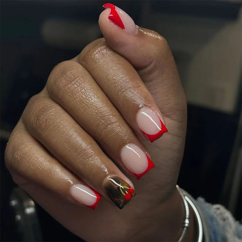 24Pcs Short Square Head Press on False Nails Yellow Brown Cherry with Design Fake Nail Red French Wearable Full Cover Nails Tips