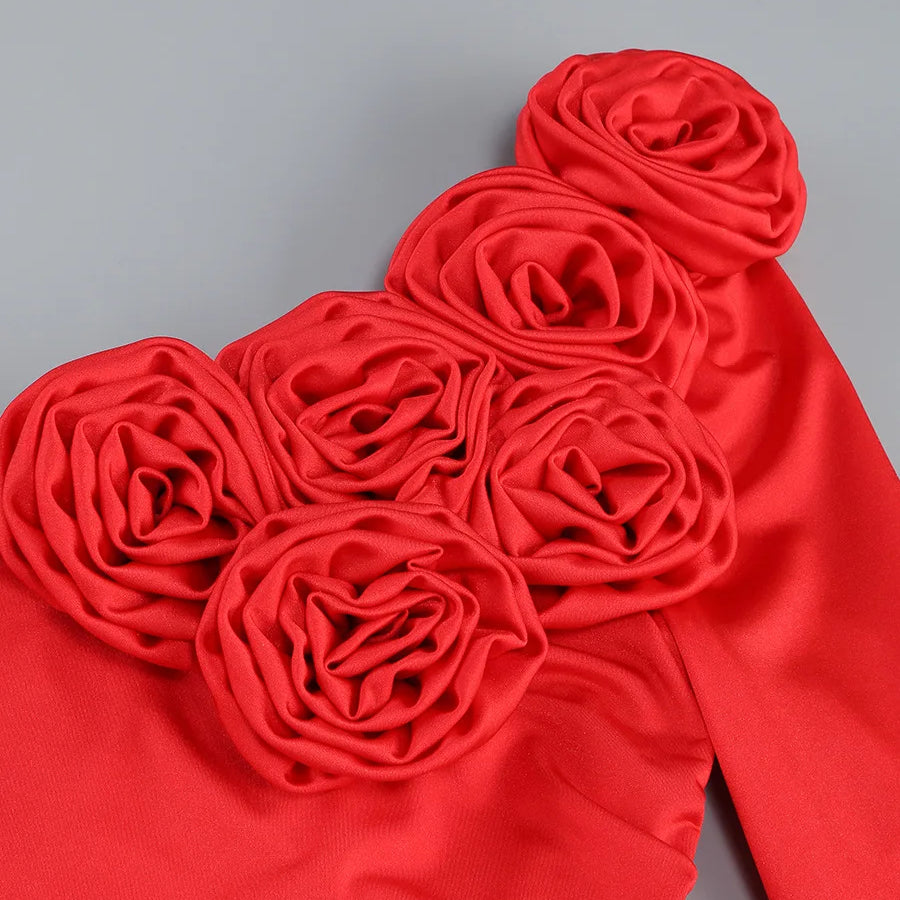 Women Celebrity Sexy Off Shoulder Flower Red Ruched Maxi Long Gowns Dress 2024 Elegant Evening Party Club Vestido