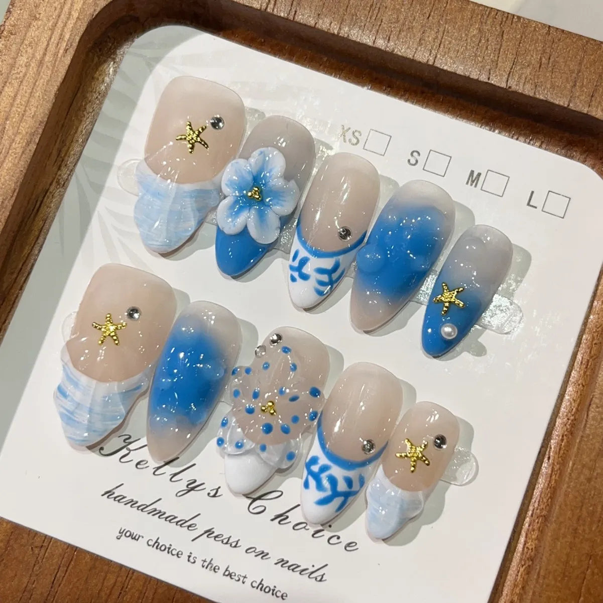 10Pcs Blue Handmade Almond Fake Nails Summer Flowers Water Ripples Fresh Nail Tips Wearable Cute Starfish Stick on Acrylic Nails