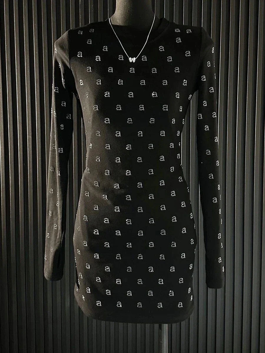 AW Wang Diamond A Letter Slim Fit Stretch Black Long Sleeve Short Skirt For Women Evening Party Dress Vestidos Midi Clothing