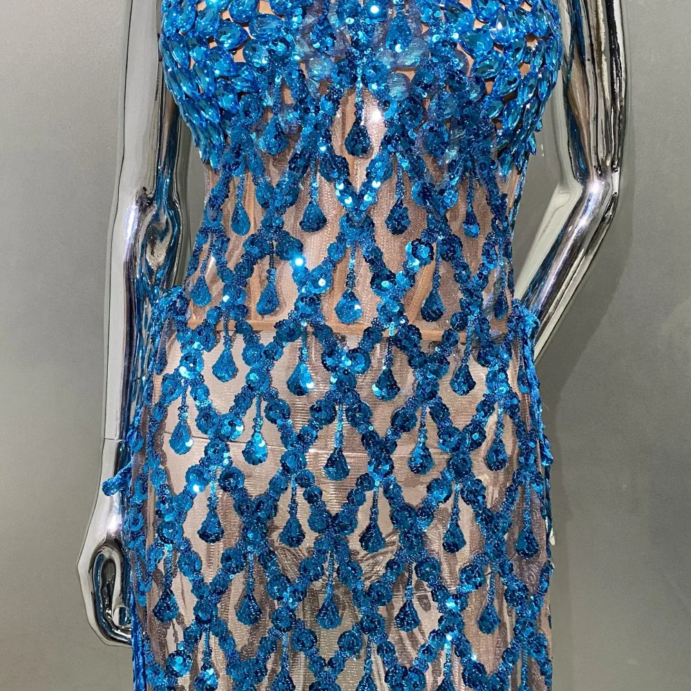 Blue Sequins Shining Diamonds Long Tassel Sleeveless Mini Dress 2 Pieces High Quality Birthday Party Outfit Performances Costume