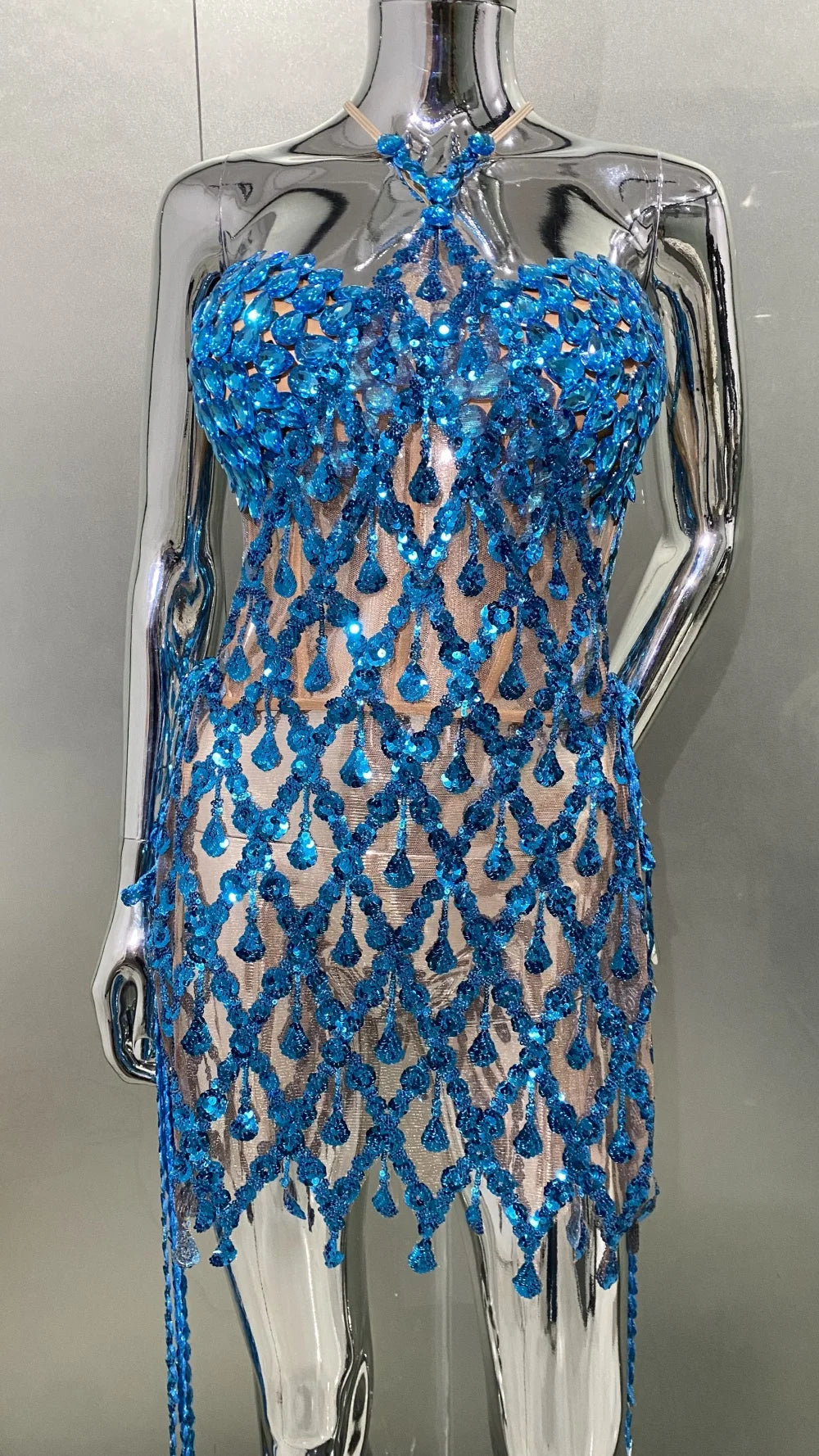Blue Sequins Shining Diamonds Long Tassel Sleeveless Mini Dress 2 Pieces High Quality Birthday Party Outfit Performances Costume