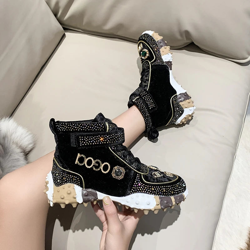 Ladies Vulcanized Shoes High Top Durian Sole Women Shoes Fashion Rhinestone Decoration Magic Sticker Lace Up Black Women Shoes