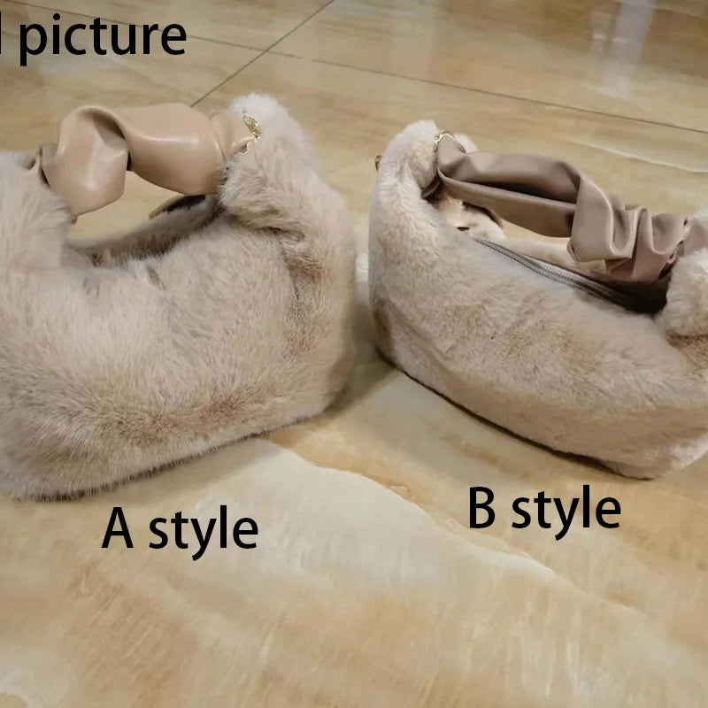 Women Faux Fur Handbags Zipper Small Lady Shoulder Crossbody Bag Casual Tote Half-Moon Hobos Winder B style light coffee