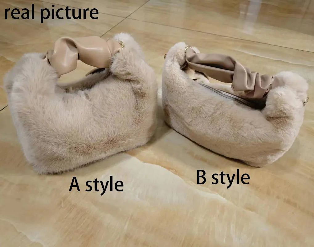 Women Faux Fur Handbags Zipper Small Lady Shoulder Crossbody Bag Casual Tote Half-Moon Hobos Winder B style light coffee