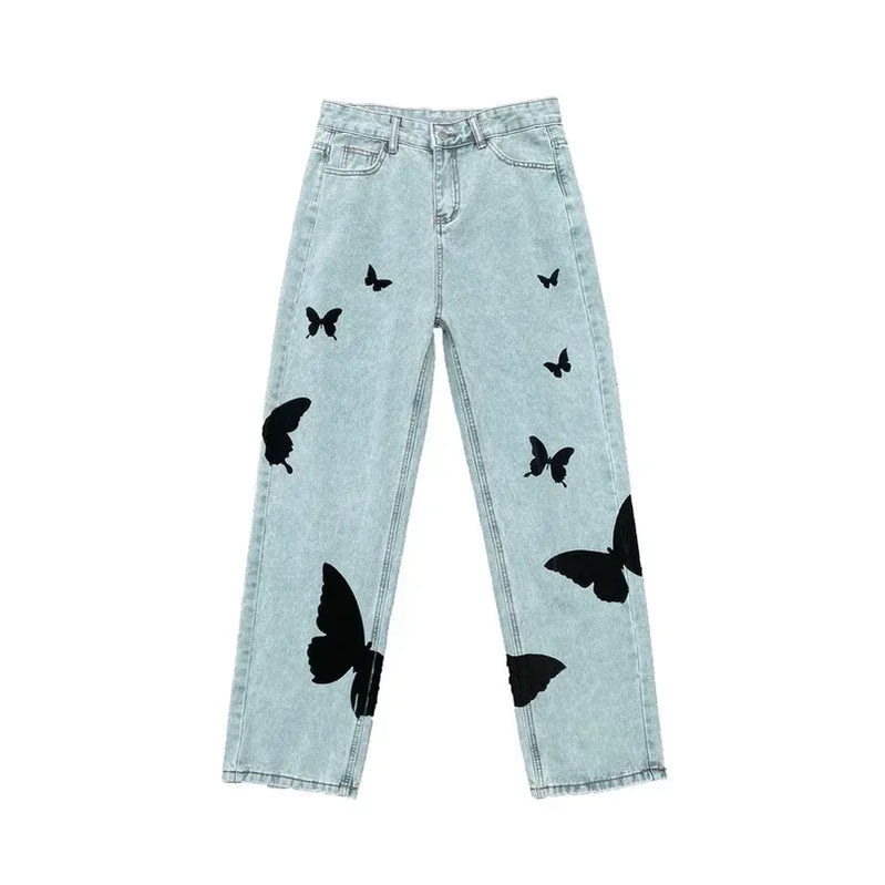 Loose Baggy Casual Denim  Hip Hop Streetwear Straight Trousers  Clothing Butterfly Print  Women Jeans Pants Jeans Woman