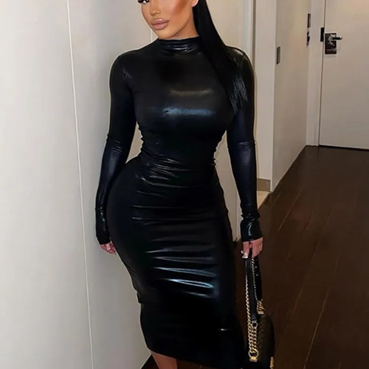 Black Midi Bodycon Dress Sexy Women Turtleneck Long Sleeve Pu Leather Party Dresses Club Elegant 2024 Autumn Winter