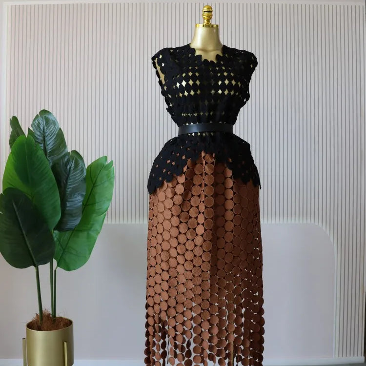 CM.YAYA Women Cutout O-neck Crop Top and Bodycon Midi Slim Maxi Long Skirt Suit 2025 Summer Vacation Sexy Two 2Piece Set Outfits black-brown-belt One Size