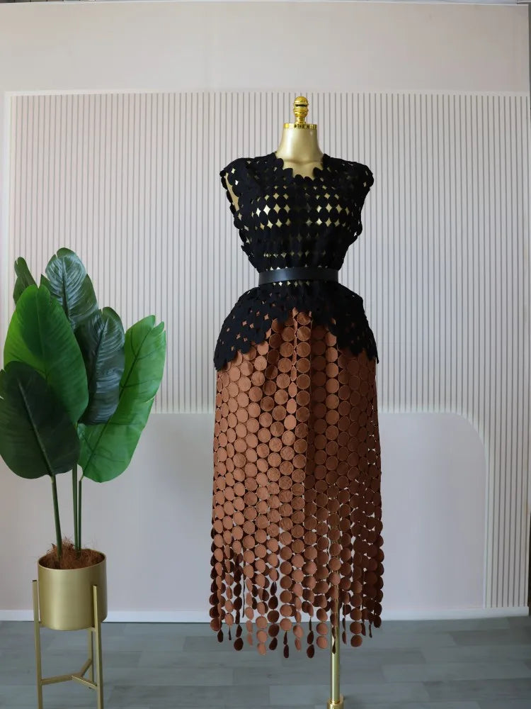 CM.YAYA Women Cutout O-neck Crop Top and Bodycon Midi Slim Maxi Long Skirt Suit 2025 Summer Vacation Sexy Two 2Piece Set Outfits black-brown-belt One Size