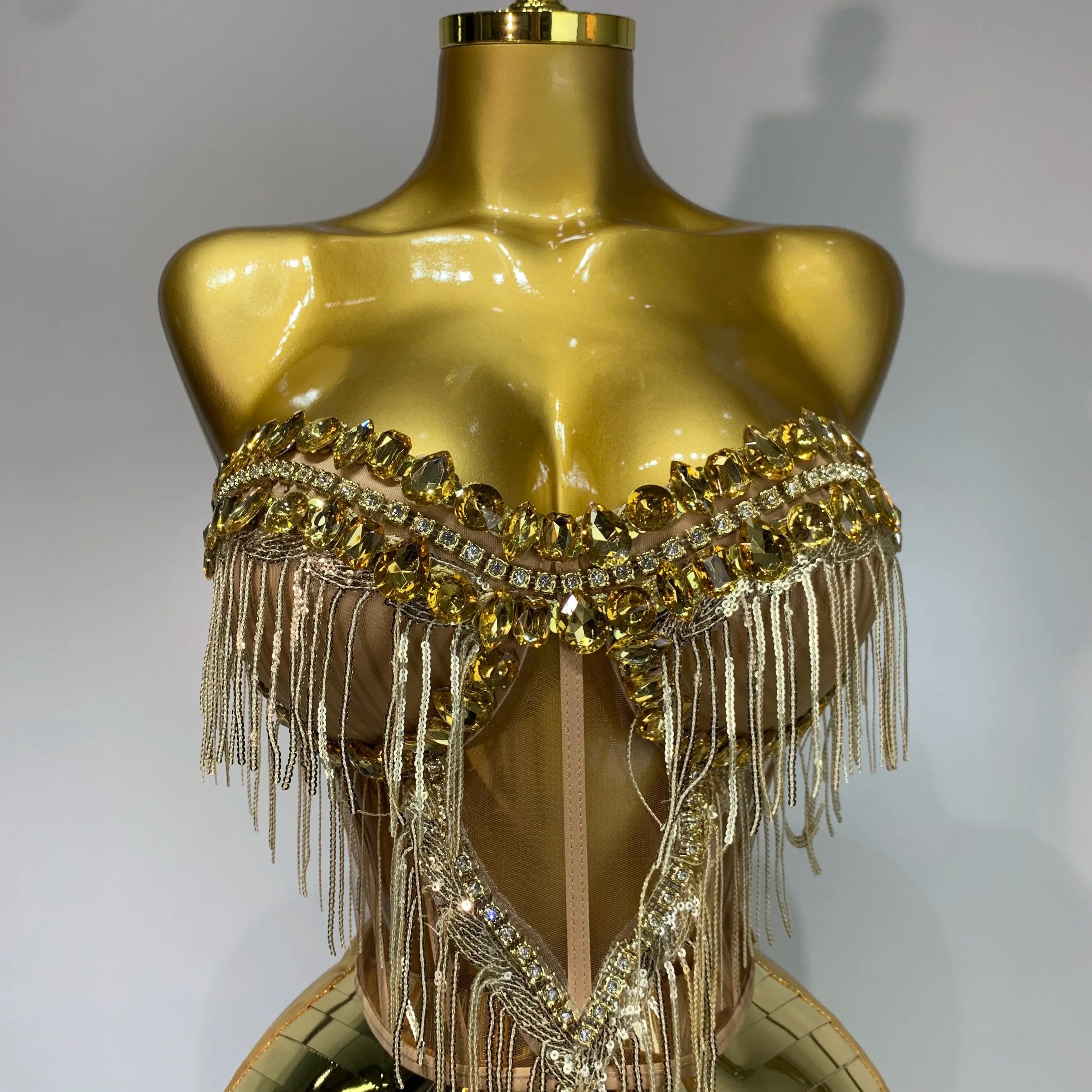 2025 Sparkly Gold Rhinstones tassels Top Skirt Set Women Sexy Strapless Designer Two Pieces Nightclub Evening Party Stage Outfit