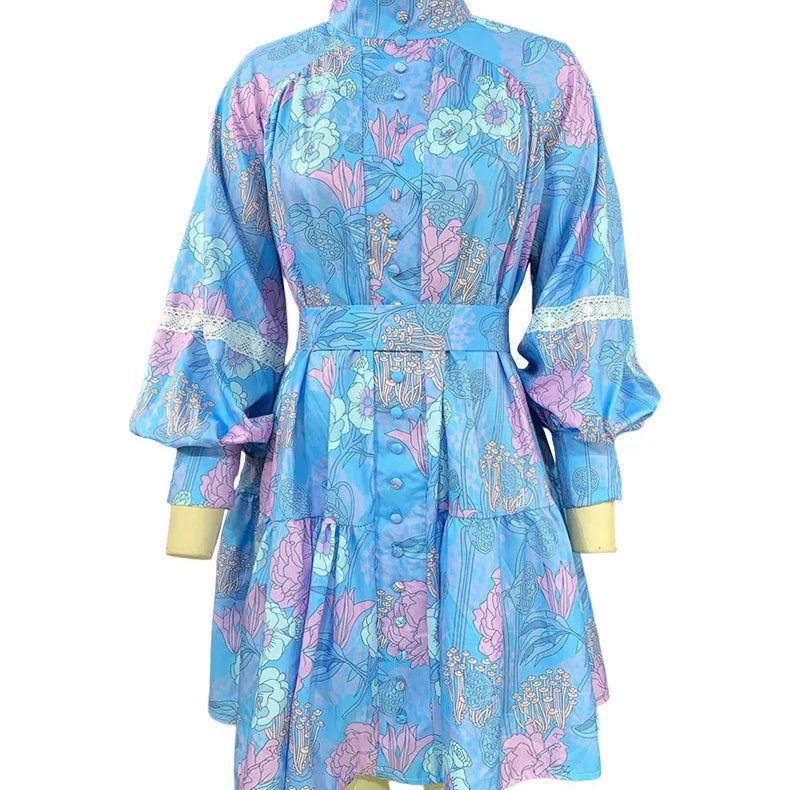 Women Long Sleeve Stand Collar Shirt Dress Spring Autumn Printed Short Dresses Elegant High Waist Party Dresses Vestidos