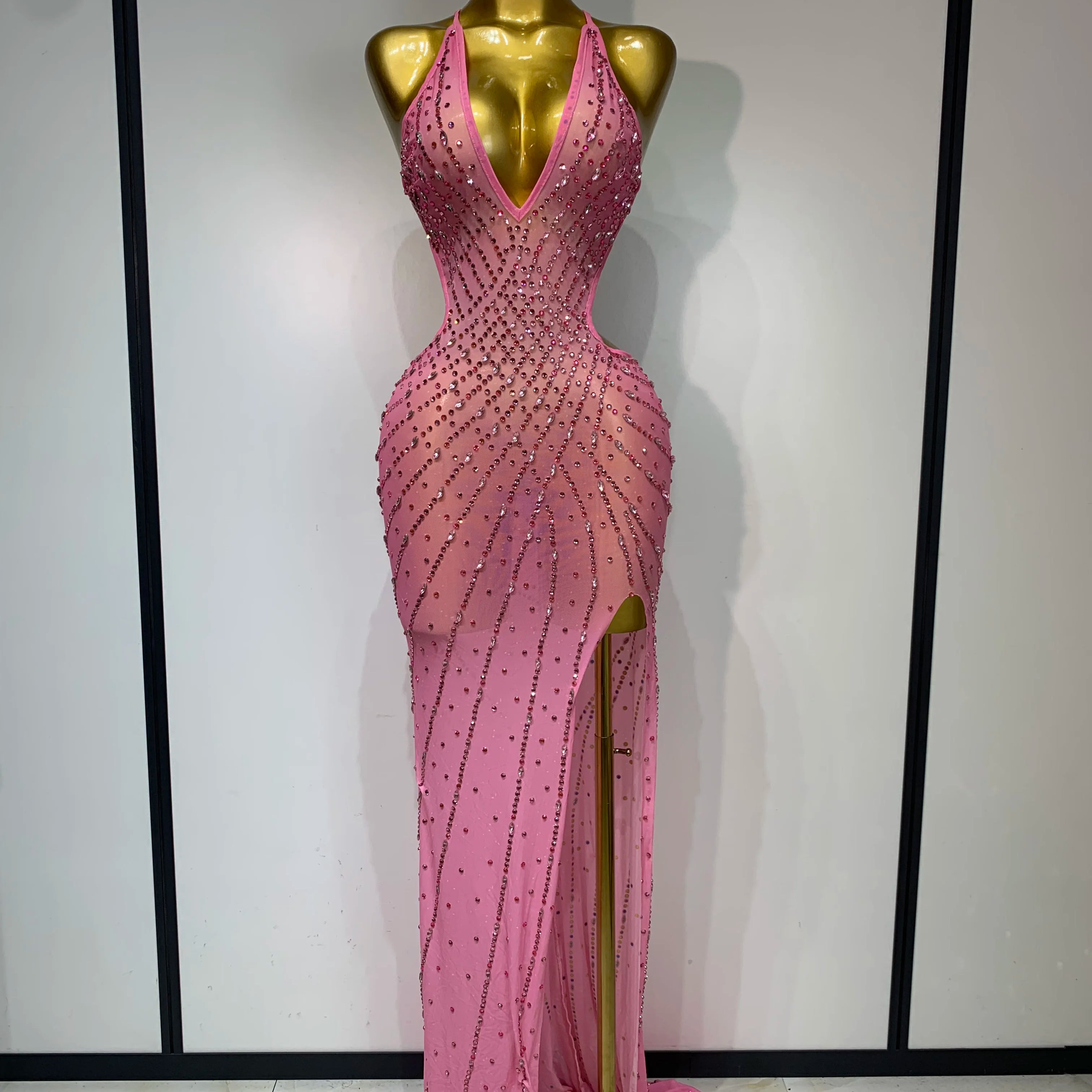 Sparkly Rhinestone Halter Mesh Transparent Dress Birthday Celebrate Evening Party Dress Women Sexy Split Backless Stage Outfit