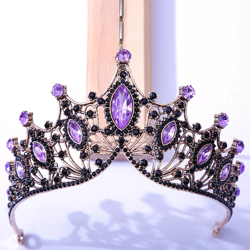 Baroque Black Tiara Crown For Wedding Birthday Party Hair Jewelry Queen Bridal Bride Purple Crystal Crown Hair Accessories purple black