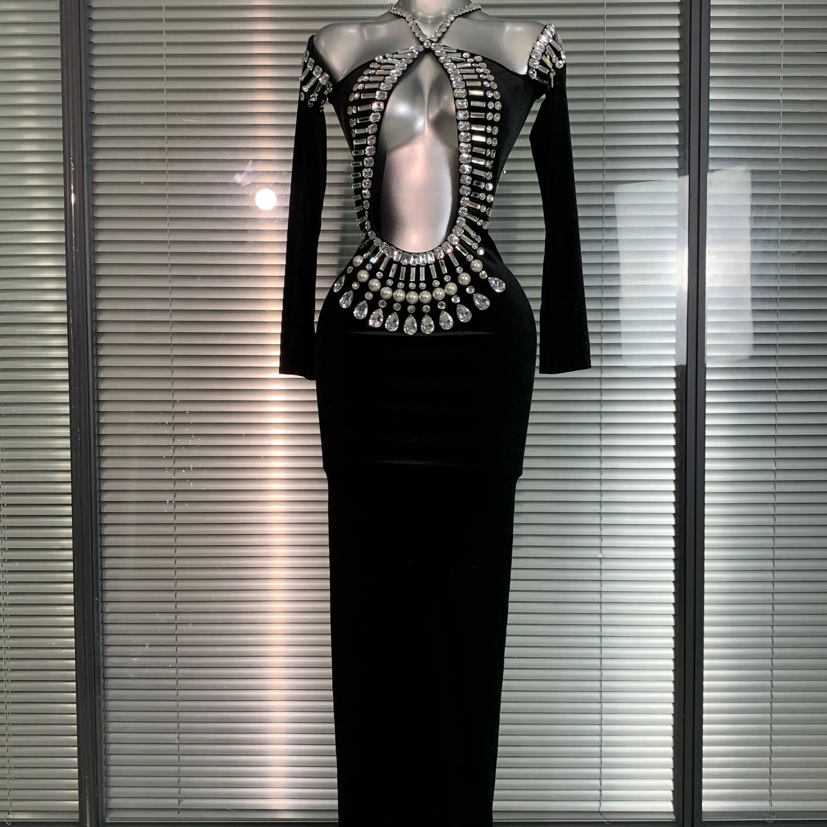 INS New Women Sexy Velvet Stretched Crystal Diamonds Rhinestones Maxi Dress Night Club Party Singer Stage Costume