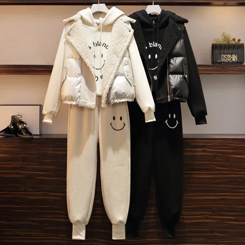 3 Piece Set Women Winter Vest + Hoddies + Pants 3PCS Outfits Loose Sweatsuit Thick Plus Velvet Warm Print Smile Casual Clothing