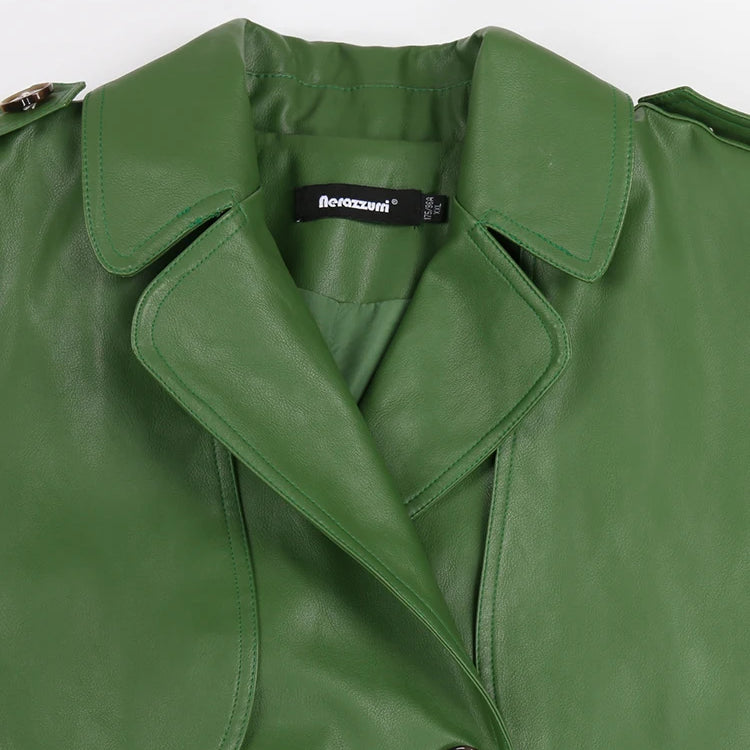 Nerazzurri Autumn Long Cool Green Pu Leather Trench Coat for Women Sashes Single Breasted Stylish Luxury Designer Clothes 2022
