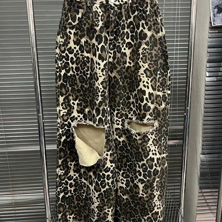 Ripped Hole Baggy Jeans for Women Wide Leg Denim Pants Leopard Print Fashion Streetwear Pants Oversized Straight Pants