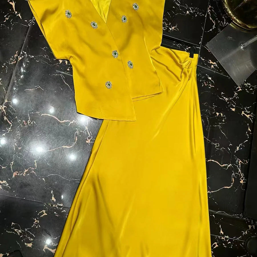 TWOTWINSTYLE Slimming Elegant Two Piece Sets for Women V Neck Short Sleeves Patchwork Bead Top High Waist Long Skirt Set Female