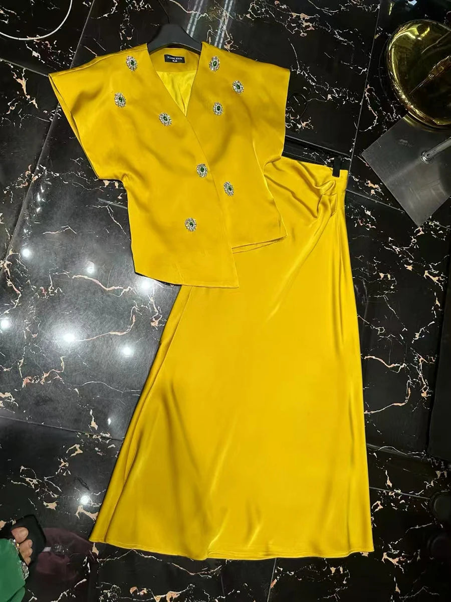 TWOTWINSTYLE Slimming Elegant Two Piece Sets for Women V Neck Short Sleeves Patchwork Bead Top High Waist Long Skirt Set Female