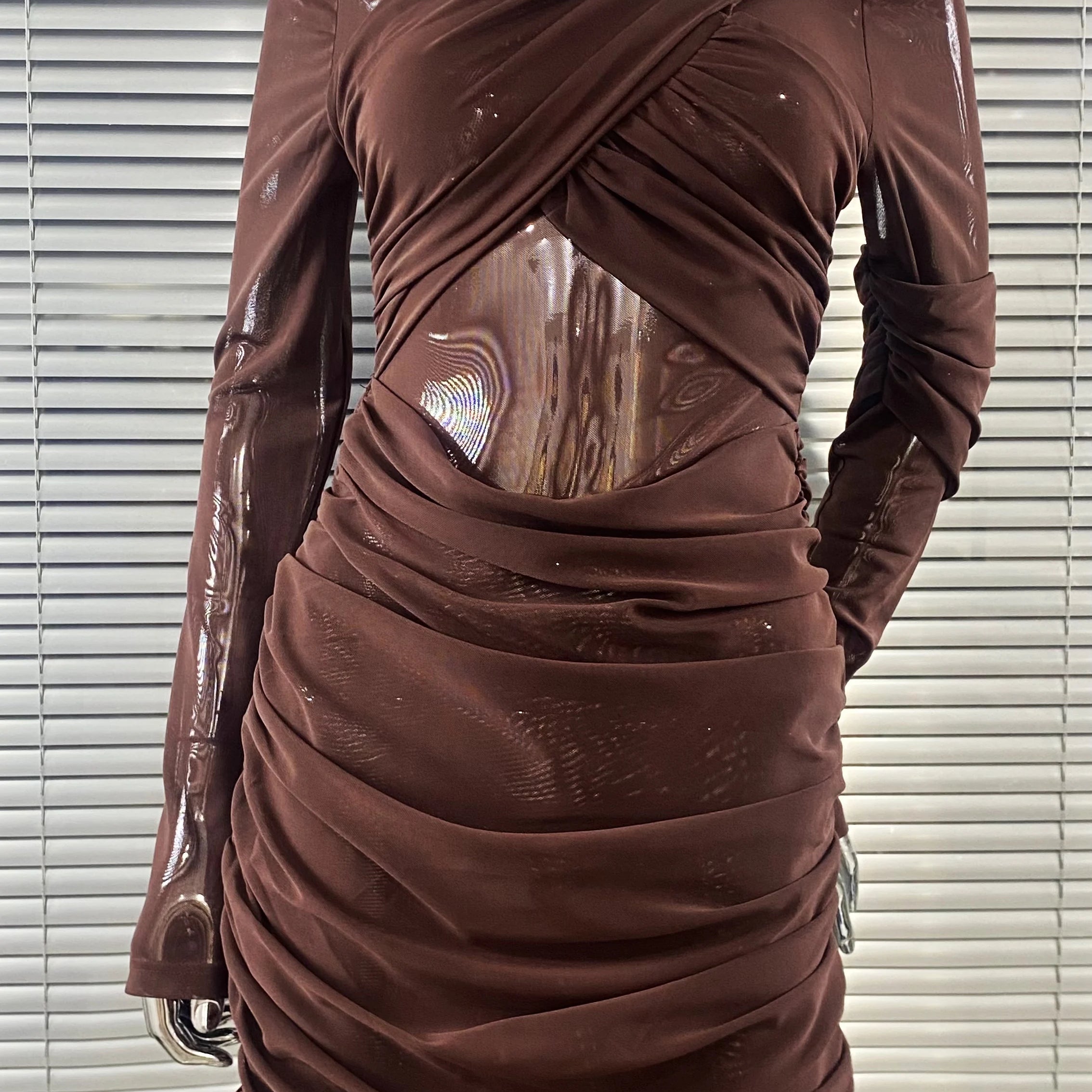 Chocolate Color Sexy See Through Mesh Sheath Ankle Length Dress Fashion Woman Evening Party Dress Holiday Vacation Outfit