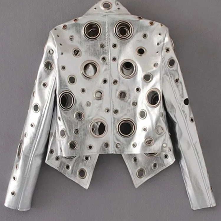 Runway Cut Out Short Faux Leather Jacket Golden Rivet Cool Stylish Designer Clothes Women European American Fashion