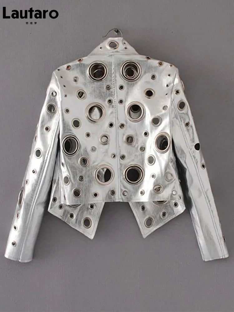 Runway Cut Out Short Faux Leather Jacket Golden Rivet Cool Stylish Designer Clothes Women European American Fashion