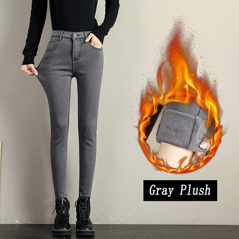 Women Stretch High Waist Skinny Warm Thick velvet Jeans Lady Mom Cotton Pants Student Winter Pencil Trousers clothes 38 40 Gray fleece