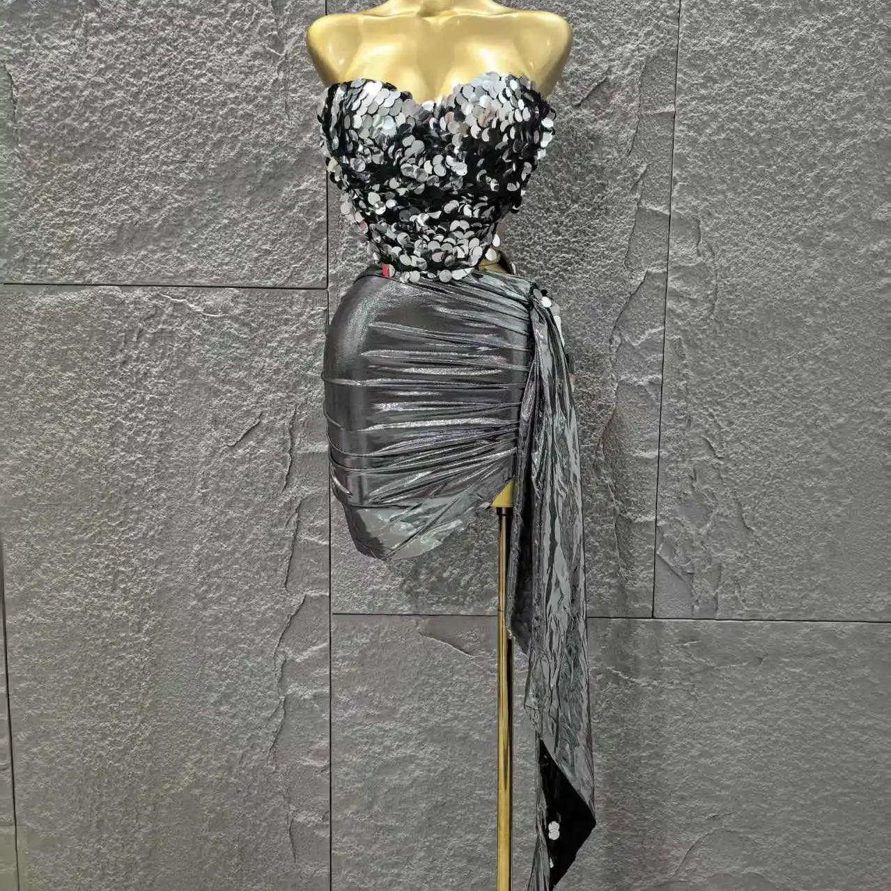 STOCK Women Sexy Shinning Sequins Strapless 2 Pieces Bodycon Mini Dress Nightclub Party Performance Costume Birthday Outfit