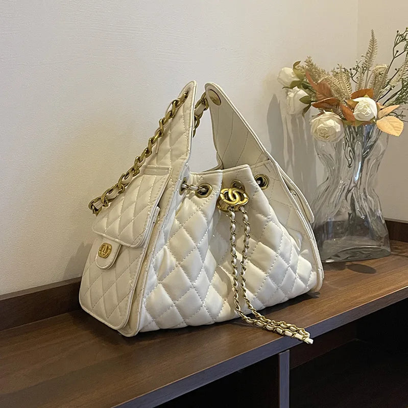 Fashion Quilted Bucket Bag for Women - Simple Chain Crossbody Shoulder Bag, Daily Use Leather Purse