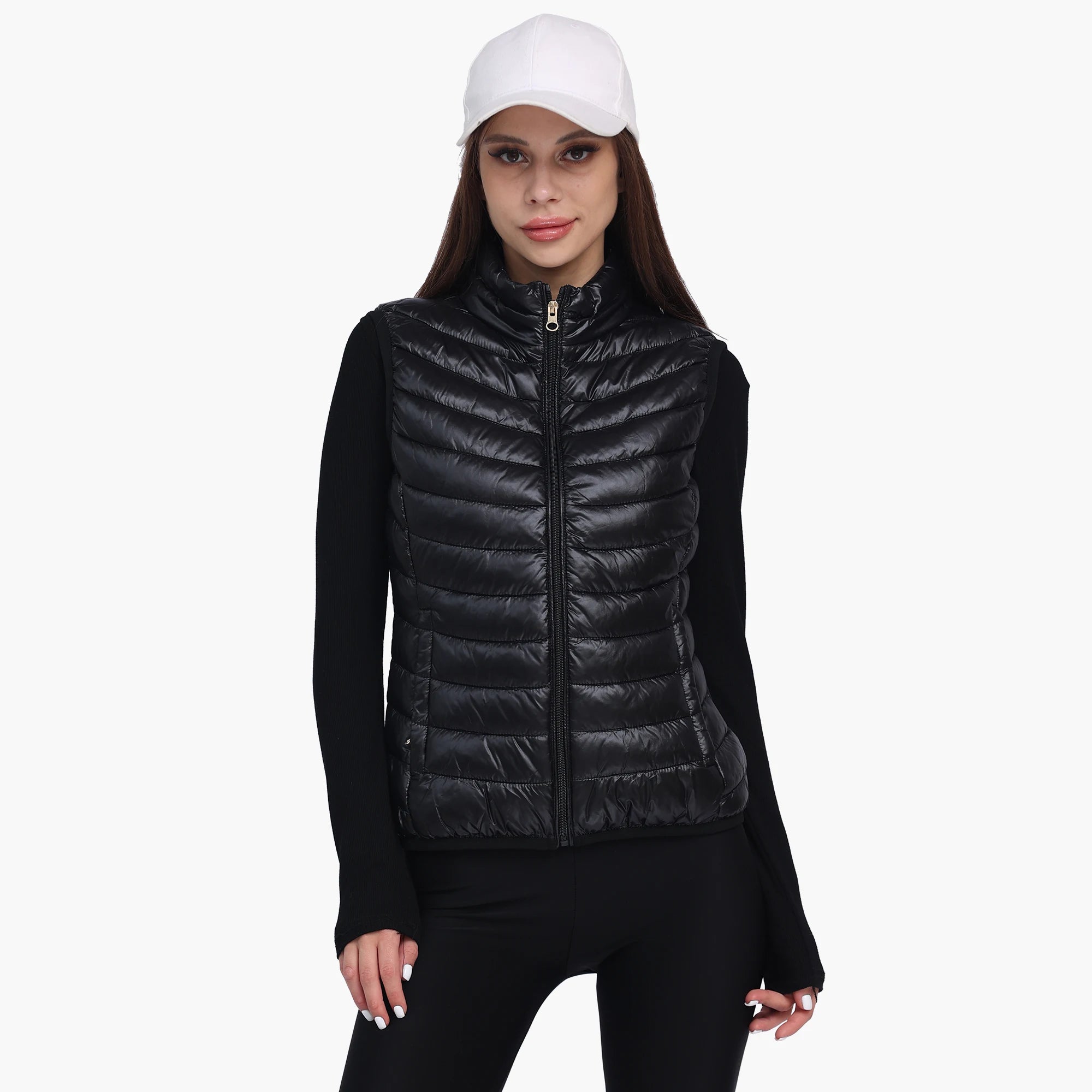 Women Winter Lightweight Warm Water-Resistant Packable Puffer Vest With Pockets Sleeveless Stand Collar Coats Outerwear Black