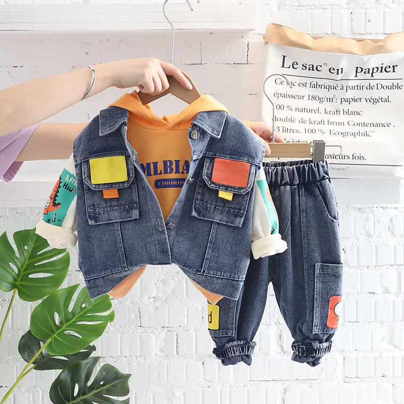 Baby Boy Cotton Clothes Spring Autumn Fashion Cowboy Trousers+Long Sleeve+Coat 3Piece Leisure Sports Stars Denim Clothes Suit AL05 Blue