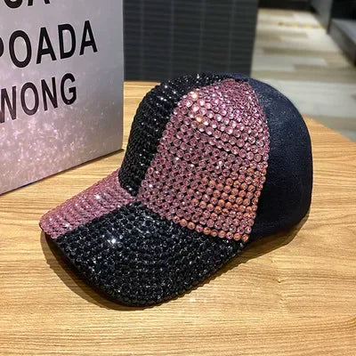 Summer Ladies Baseball Cap Korean Wild Spring and Autumn Rhinestone Caps Fashion Personality Street Highlights Hip-hop Hats PZ Black Pink 55-60cm