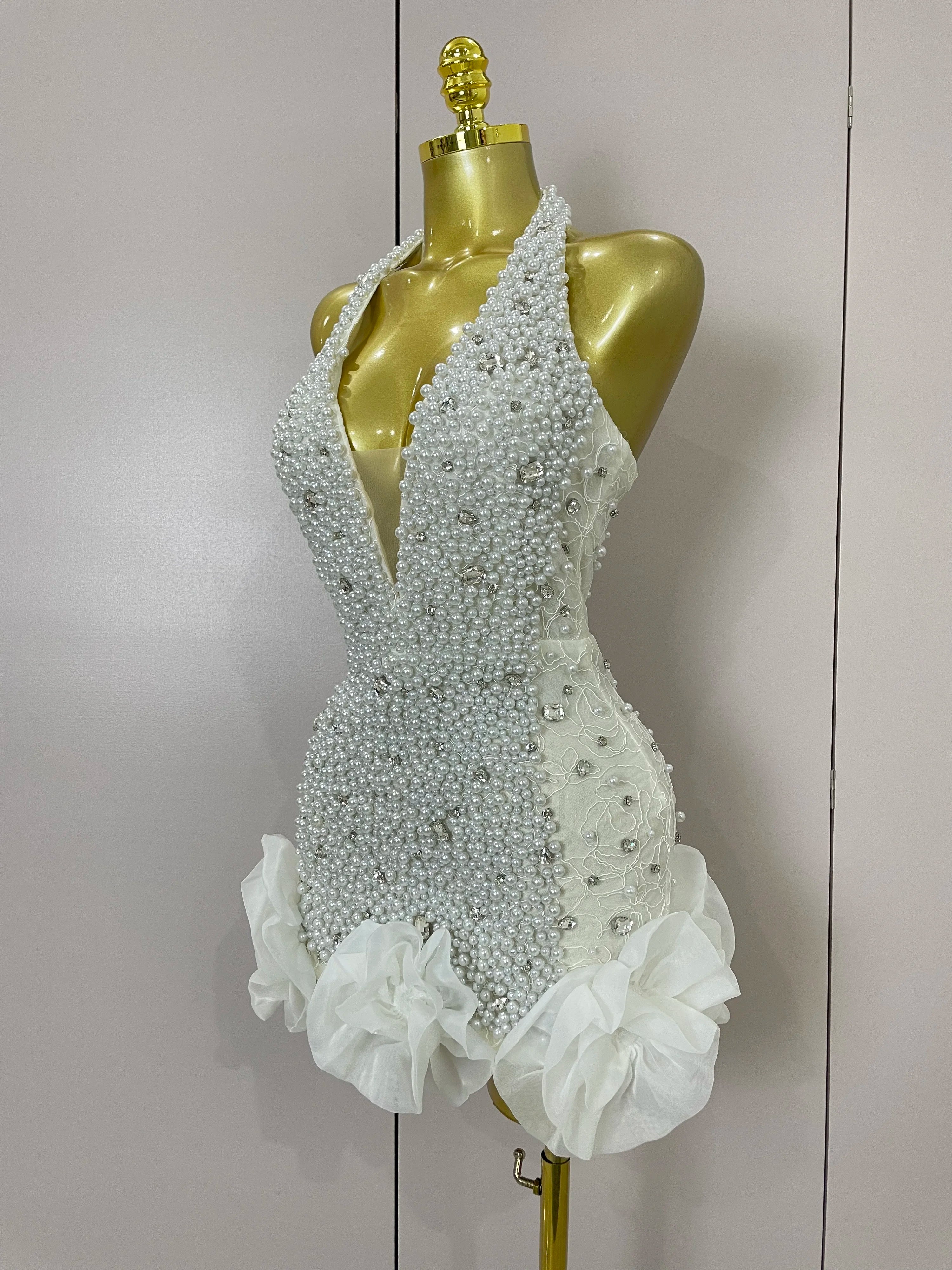 High Quality Luxury Shiny Diamonds Pearl Flowers Deep V Halter Short Dress Women Celebrate Eveing Celebrity Birthday Party Dress