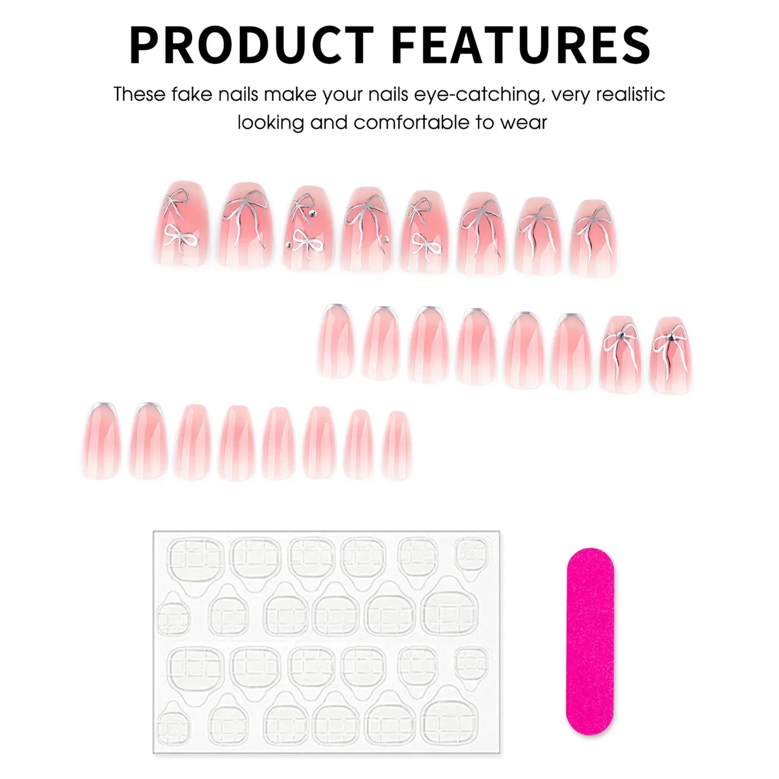 Short Ballet Fake Nails 24Pcs Blush Pink Press On Nails Silver Bowknot Printed French False Nails Patches DIY Charm Manicure