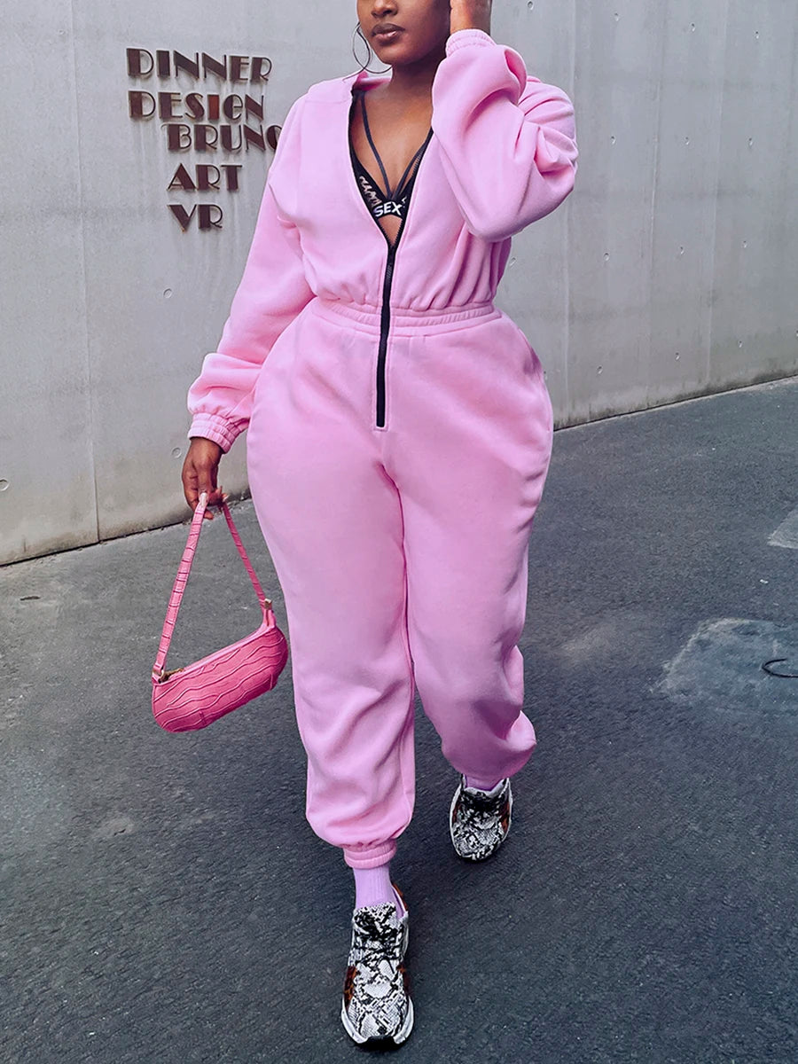 Loose Sweat Jumpsuit Winter Autumn Long-sleeve Loose Romper Female Vintage Pocket Sweatpants Overall Thick Warm Jumpsuit Pink