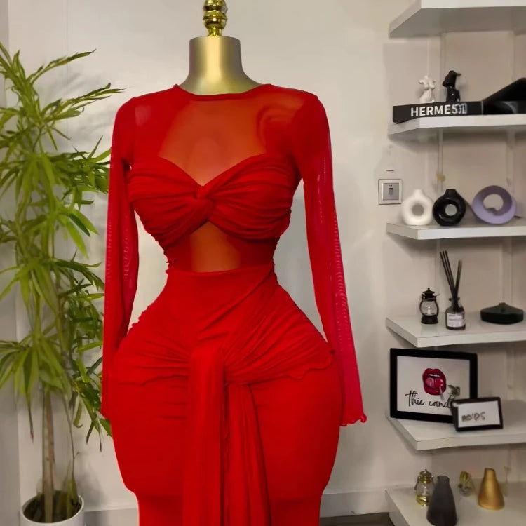 CM.YAYA Women Mesh See Though Long Sleeve Maxi Bowknot Long Dress 2025 Evening Sexy Club Party Evening High Street Dresses